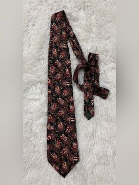 Vintage Dior Black Silk Tie with Red, Gold and Teal Paisley Motif